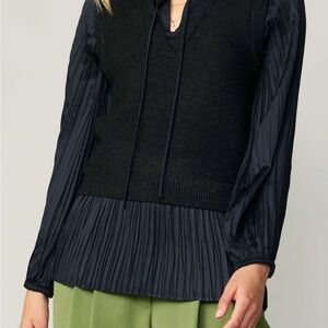 Current Air Black Knit Vest Over Pleated Blouse